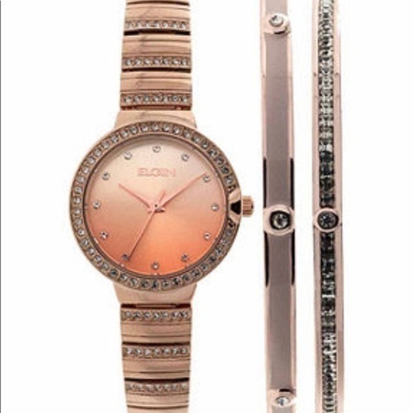 Elgin Rose watch gold tone bracelet watch coordinated set OS